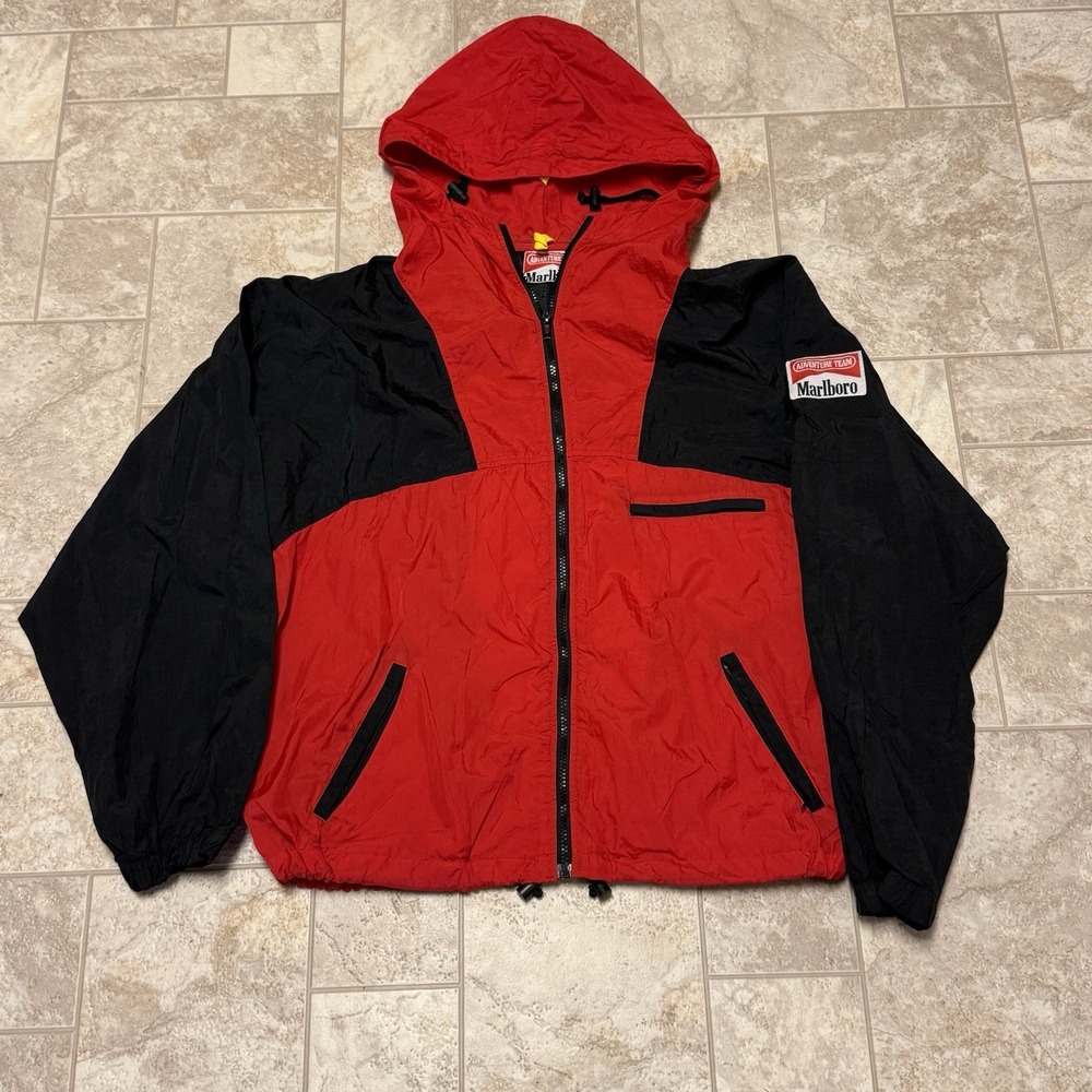 Vintage 90s Marlboro Adventure Team Windbreaker Jacket Red Black Hooded L